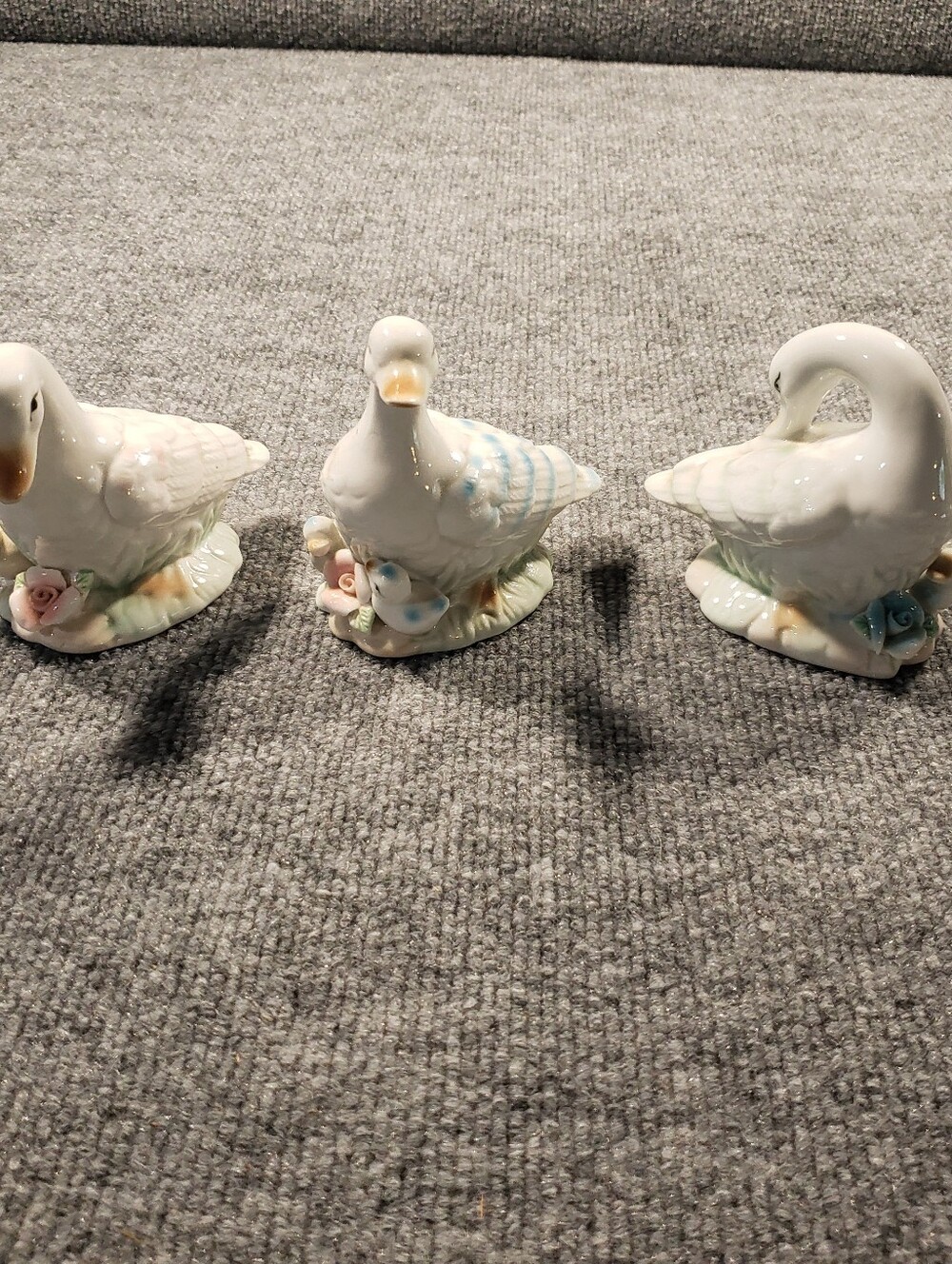 Vintage Set of 3 White Geese Ceramic Figurines with Baby Goslings